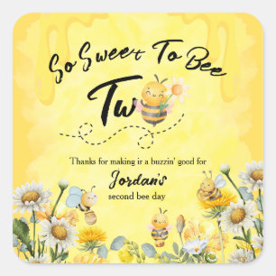 Pegatina Cuadrada Lindo Dulce Como una Abeja Cumpleaños Dos Flores S