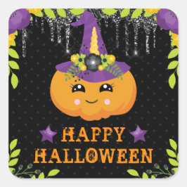 Pegatina Cuadrada Lindo Floral de Calabaza Feliz Halloween