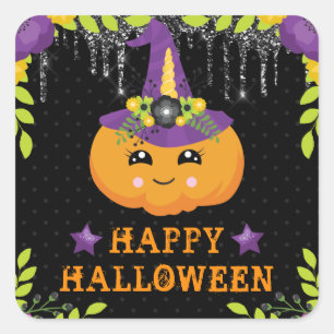 Pegatina Cuadrada Lindo Floral de Calabaza Feliz Halloween