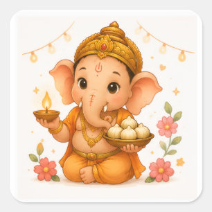 Pegatina Cuadrada Lindo Ganesha Diya Modak Ganesh Chaturthi