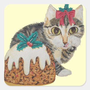 Pegatina Cuadrada lindo gatito grisáceo lamiendo navidades de pata