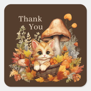 Pegatina Cuadrada lindo gato estacional de otoño agregar texto