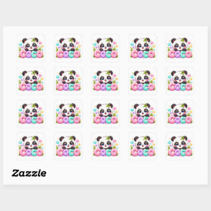 Pegatina Cuadrada Lindo Kawaii Coco Panda Nombre Pastel Rosa Brillan