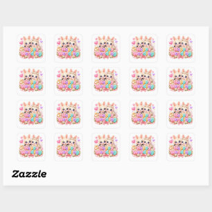 Pegatina Cuadrada Lindo Kawaii Conejo Feliz Boda Pareja Rosa Pastel
