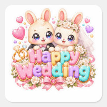 Lindo Kawaii Conejo Feliz Boda Pareja Rosa Pastel
