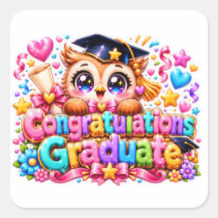 Pegatina Cuadrada Lindo Kawaii Felicitaciones Graduado Búho Pastel P