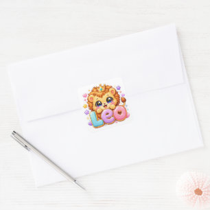 Pegatina Cuadrada Lindo Kawaii Leo León Nombre Pastel Corona Rosa Br