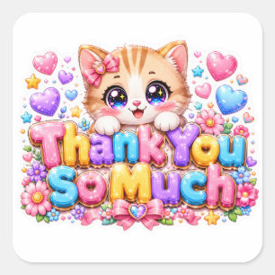 Pegatina Cuadrada Lindo Kawaii Muchas Gracias Gato Nombre Rosa Paste