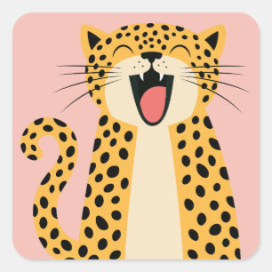 Pegatina Cuadrada Lindo leopardo salvaje sonriente de dibujos animad