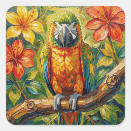 Pegatina Cuadrada Lindo loro de impasto colorido y flor tropical
