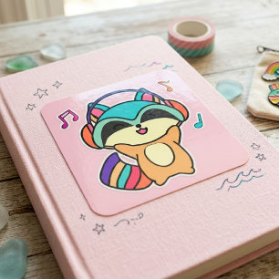 Pegatina Cuadrada Lindo mapache bebé Kawaii sonriente con auriculare