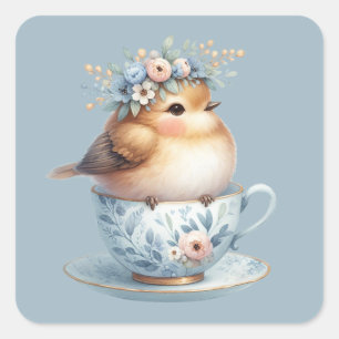 Pegatina Cuadrada Lindo pájaro azul con corona floral en taza de té