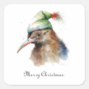 Pegatina Cuadrada Lindo pájaro Kiwi con sombrero de duende de Navida