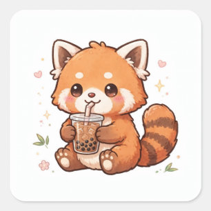 Pegatina Cuadrada Lindo Panda Rojo Bebiendo Boba Té Kawaii Burbuja d