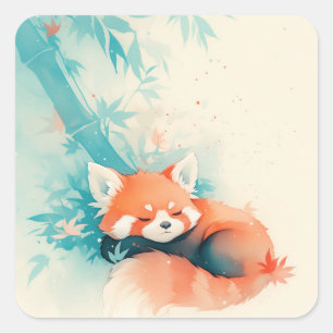 Pegatina Cuadrada Lindo Panda Rojo Durmiendo con Hojas de Otoño