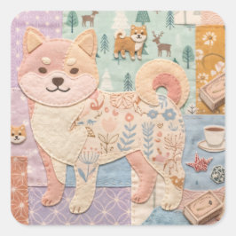 Pegatina Cuadrada Lindo patrón floral de patchwork japonés Shiba Inu