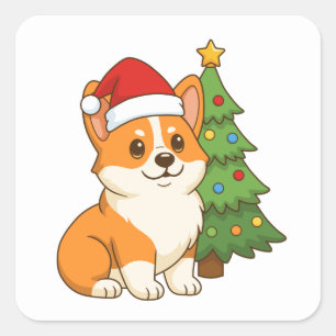 Pegatina Cuadrada Lindo perro Corgi con sombrero rojo con árbol de N