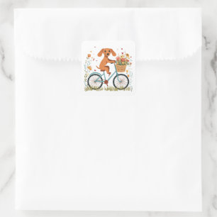Pegatina Cuadrada Lindo perro Dachshund en bicicleta con flores de p