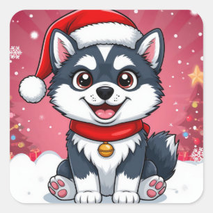 Pegatina Cuadrada Lindo perro Husky con sombrero de Santa en la niev