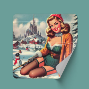 Pegatina Cuadrada Lindo Pin-up Retro de Invierno