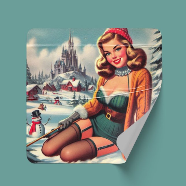 Pegatina Cuadrada Lindo Pin-up Retro de Invierno (Subido por el creador)
