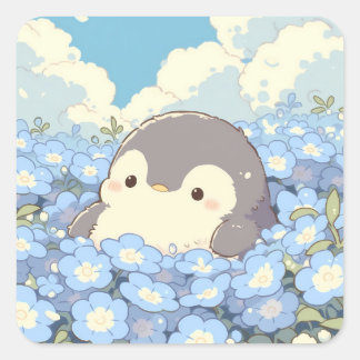 Pegatina Cuadrada Lindo pingüino en la pradera de flores azules