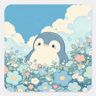 Pegatina Cuadrada Lindo pingüino en prado de flor azul