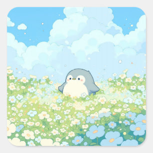 Pegatina Cuadrada Lindo pingüino en prado de primavera azul