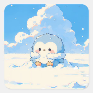 Pegatina Cuadrada Lindo pingüino jugando en la nieve de invierno