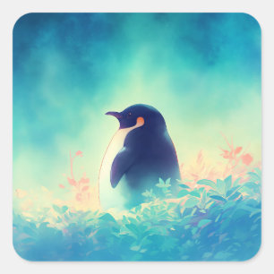 Pegatina Cuadrada Lindo pingüino parado en hierba teal