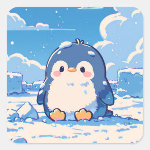 Pegatina Cuadrada Lindo pingüino sentado en la nieve invernal