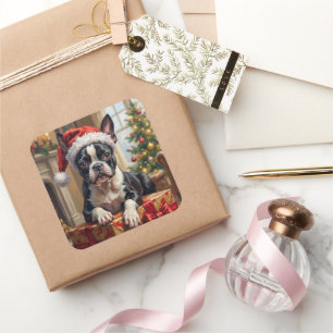 Pegatina Cuadrada Lindo regalo de Navidad de perro Boston Terrier el