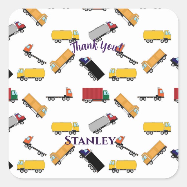 Pegatina Cuadrada Lindo Rojo Amarillo Negro Nombre Camión Gracias (Anverso)