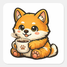Pegatina Cuadrada Lindo Shiba Inu con Café – Ilustración de Perro Ac