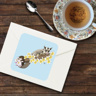 Pegatina Cuadrada Lindo Sugar Glider Flores Tropicales de Plumeria A