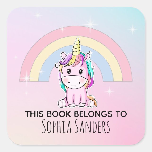 Pegatina Cuadrada Lindo Unicornio Acuarela Multicolor  (Anverso)