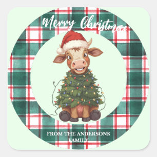Pegatina Cuadrada Lindo vaquillona vaca Navidad árbol ternero buey N