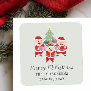 Pegatina Cuadrada Lindos cerdos de Navidad de dibujos animados retro