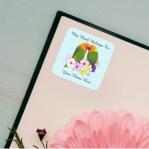 Pegatina Cuadrada Lindos pájaros del amor flores tropicales ex libri