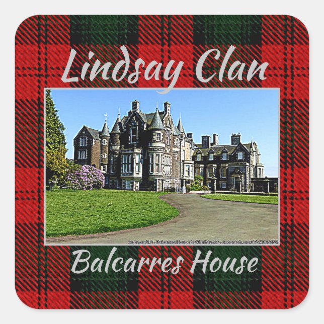 Pegatina Cuadrada Lindsay Clan Balcarres House & Tartan (Anverso)