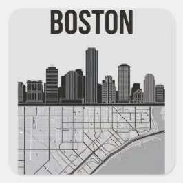 Pegatina Cuadrada Línea aérea de Boston Massachusetts con mapa