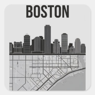 Pegatina Cuadrada Línea aérea de Boston Massachusetts con mapa