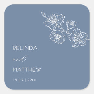 Pegatina Cuadrada Línea de Arte Floral Azul Boda