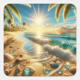Pegatina Cuadrada Línea de costa mágica con olas azules y vidrio mar