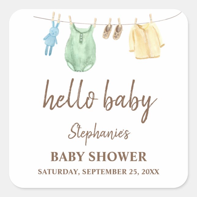 Pegatina Cuadrada Línea de ropa de Boho de Baby Shower Hello Baby (Anverso)