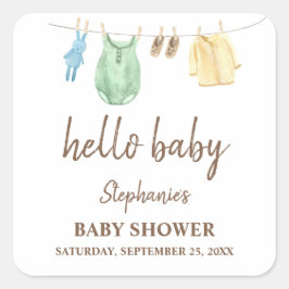 Pegatina Cuadrada Línea de ropa de Boho de Baby Shower Hello Baby