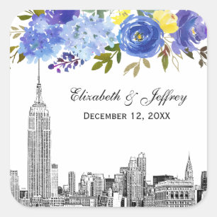 Pegatina Cuadrada Línea del cielo ESB Etch Azul Amarillo Floral Acua