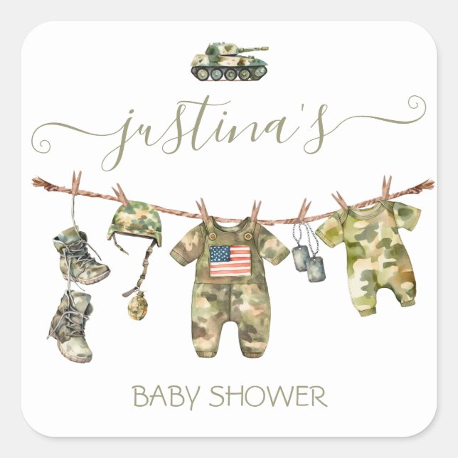 Pegatina Cuadrada Línea militar Baby Shower Clothesline (Anverso)