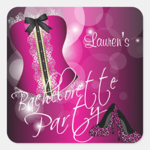 Pegatina Cuadrada Lingerie Corset Bachelorette   Rosa caliente