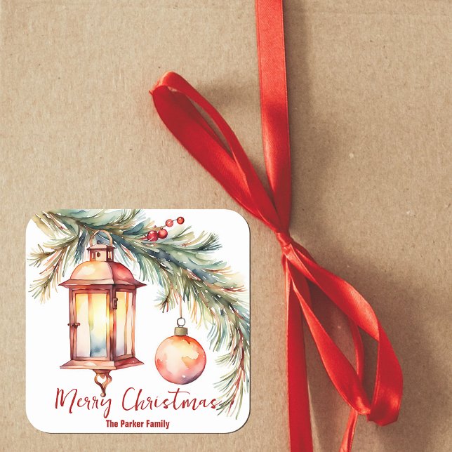 Pegatina Cuadrada Linterna con Navidades de Pine y Holly Berries (Subido por el creador)